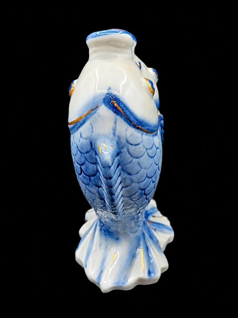 Mid-Century Modern Kissing Chinese Koi Fish Vase Figurine Blue White Porcelain